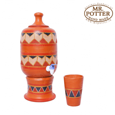 Colorful traditional water dispenser with patterned design for home use.