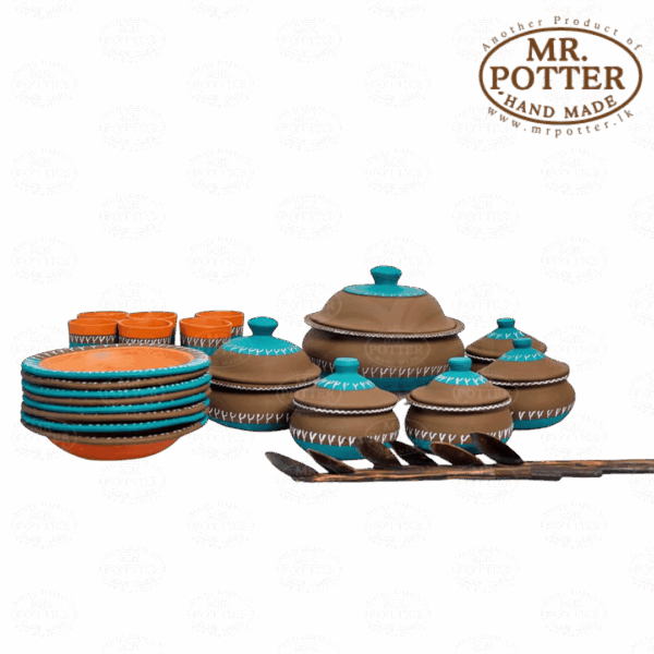 Handmade ceramic cookware set with colorful lids and utensils from Mr. Potter Sri Lanka.