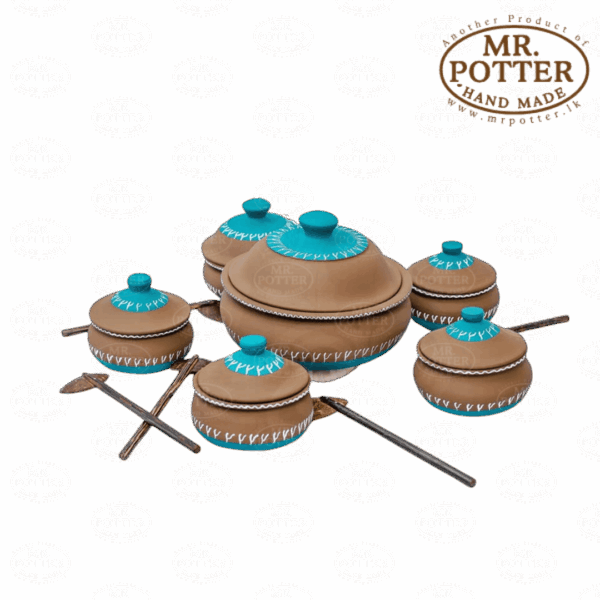 Colorful traditional pottery tea sets with wooden spoons from Mr. Potter Sri Lanka.