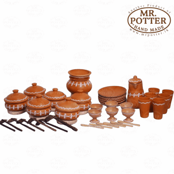 Handmade terracotta clay dinnerware set with traditional pottery design, perfect for Sri Lankan cuisine.