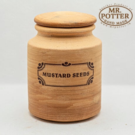 Handmade wooden mustard seed jar, eco-friendly spice storage container, kitchen organization.