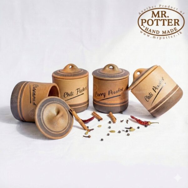 Handmade wooden spice jars with chili flakes, curry powder, and chili powder, featuring rustic designs.