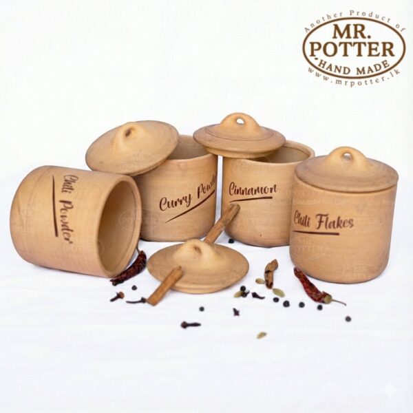 Handmade wooden spice jars with labeled lids for curry powder, cinnamon, chili flakes, and more. Perfect for kitchen storage.