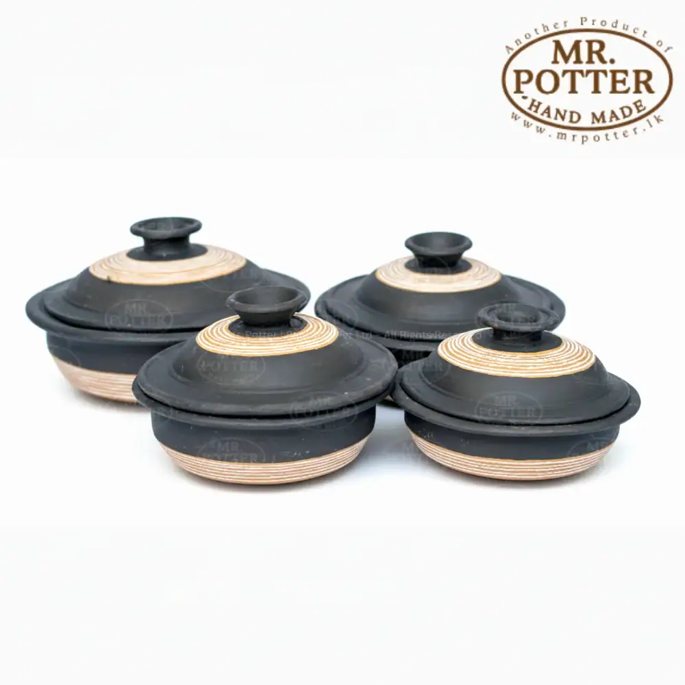 Mr. Potter Handcrafted 4-Piece Clay Dinner Set - Black & Natural Ring Stripe Design